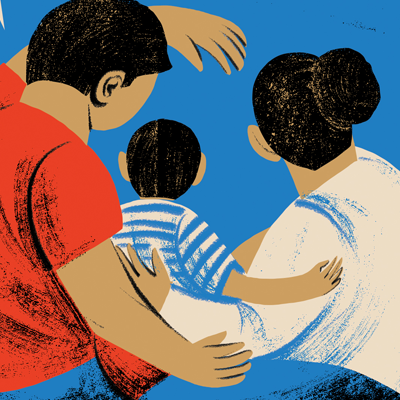 Illustration depicting two adults and a child huddled together amid an onslaught of insults.