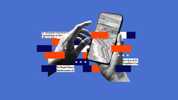 a pair of hands holds a cell phone, surrounded by sensational headlines about disinformation