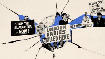 Illustration of protesters holding signs opposing abortion through a broken window.